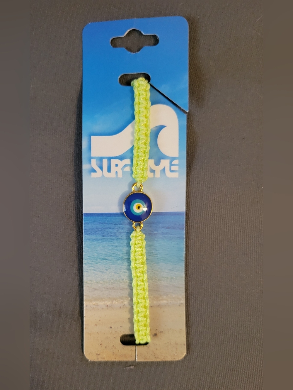 *NWT* Surfstyle Neon Lime Braided Bracelet with Blue Evil Eye Charm